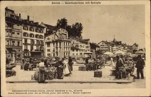 Ak Zürich Stadt Schweiz, Gemüsebrücke mit Schipfe, Marktstände