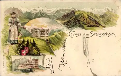 Litho Stanserhorn Halbkanton Nidwalden, Frau in Tracht, Gebirgspanorama, Hotel