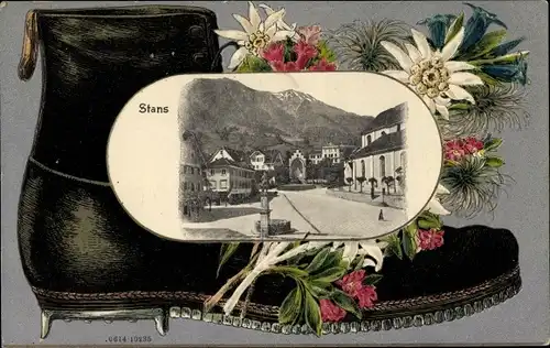 Präge Passepartout Ak Stans Kanton Nidwalden, Wanderschuh, Edelweiß, Stadtansicht
