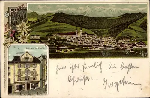 Litho Einsiedeln Kanton Schwyz Schweiz, Totalansicht, Gasthaus zur Glocke
