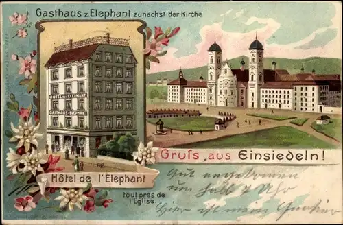 Litho Einsiedeln Kanton Schwyz Schweiz, Gasthaus zum Elephant, Kloster