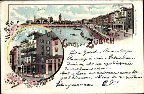 Litho Zürich Stadt Schweiz, Hotel Blume, Bahnhof, Pferdestraßenbahn