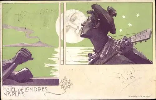 Litho Napoli Neapel Campania, Hotel de Londres, Mann mit Gitarre küsst den Mond