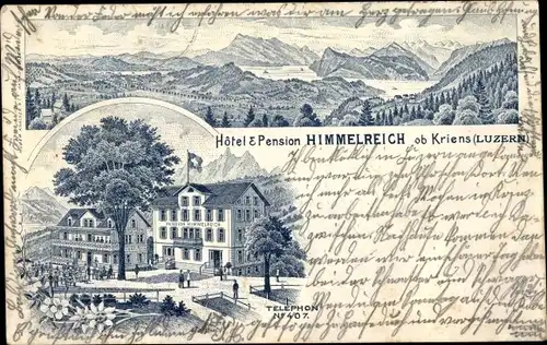 Litho Kriens Kanton Luzern, Hotel und Pension Himmelreich, Gebirgspanorama