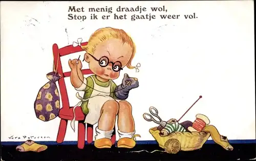 Künstler Ak Paterson, Vera, Mädchen stopft Socken