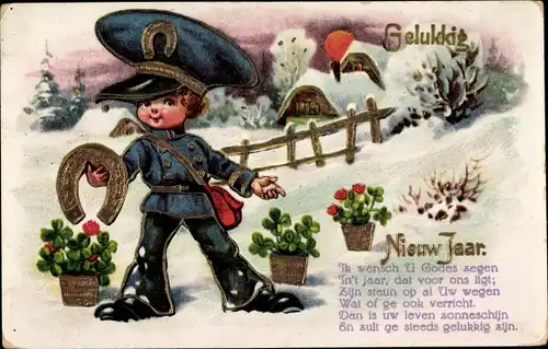 Ak Glückwunsch Neujahr, Postbote, Hufeisen, Glücksklee