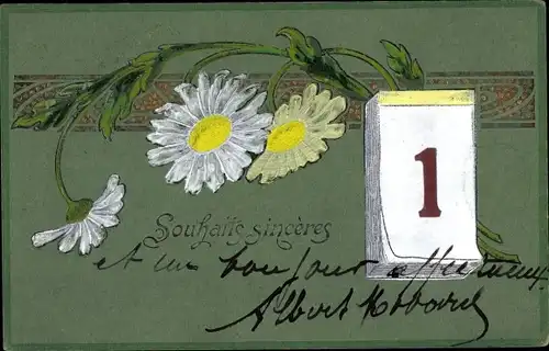 Präge Litho Glückwunsch Neujahr, Weiße Blüten, Kalender