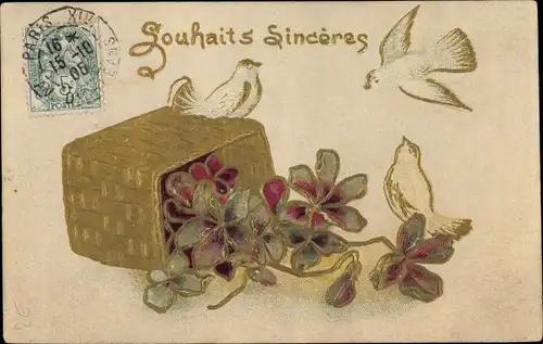 Präge Litho Souhaits Sinceres, Tauben, Korb mit Blumen