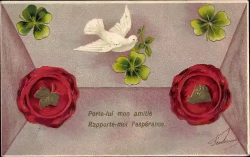Präge Litho Porte lui mon amitie, Taube, Kleeblätter