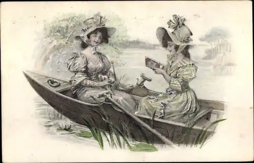 Ak Zwei junge Frauen in einem Ruderboot