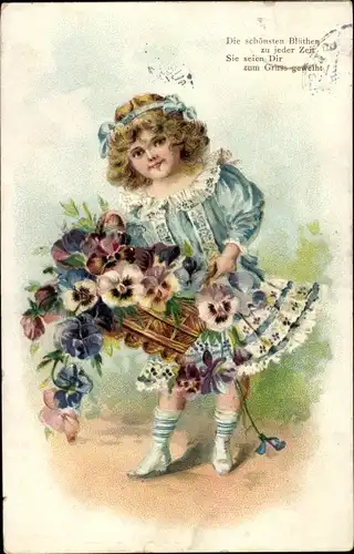 Litho Mädchen mit Stiefmütterchen, Die schönsten Blüten zu jeder Zeit