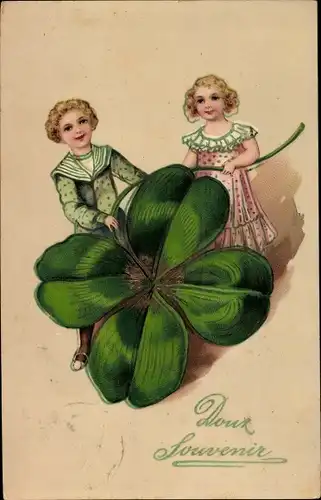 Litho Doux Souvenir, Junge und Mädchen mit Kleeblatt