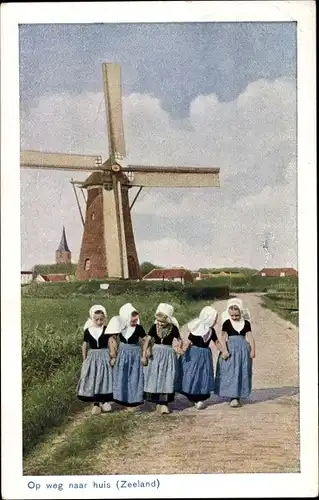 Ak Zeeland, Op weg naar huis, Mädchen nie niederländ. Trachten, Windmühle