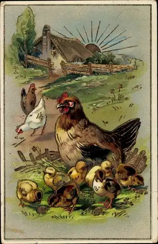 Präge Litho Henne mit Küken, Hühner, Sonnenaufgang