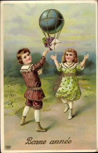 Präge Litho Glückwunsch Neujahr, Junge und Mädchen mit Ballon