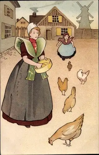 Litho Frau in niederländischer Tracht, Hühner