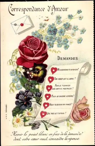 Ak Correspondance d'Amour, Reponses, Blumen, Rose, Veilchen, Stiefmütterchen