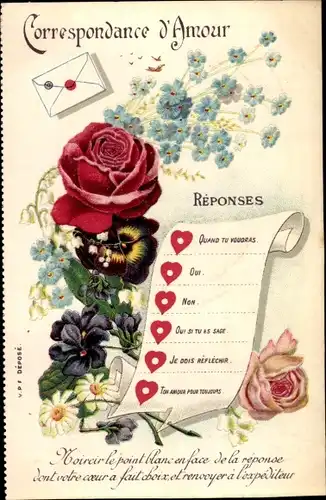 Ak Correspondance d'Amour, Reponses, Blumen, Rose, Veilchen, Stiefmütterchen