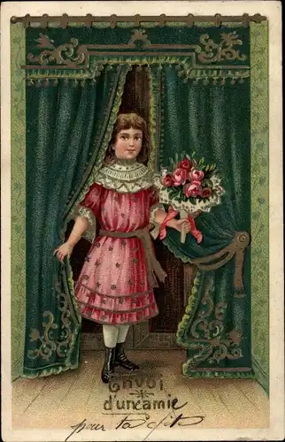 Präge Litho Envoi d'une amie, Mädchen mit Rosenstrauß