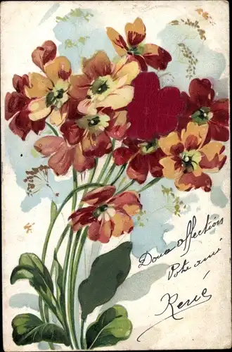 Stoff Präge Litho Orange Blumen, Primeln