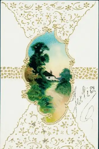 Glitzer Präge Passepartout Ak Landschaft mit Haus, Julia
