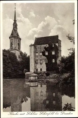 Ak Dresden Schönfeld Weißig, Kirche mit Schloss
