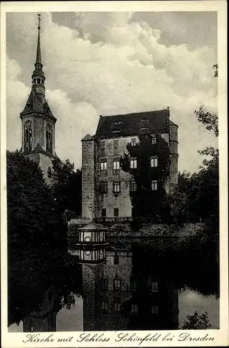 Ak Dresden Schönfeld Weißig, Kirche mit Schloss