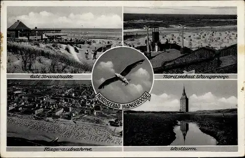 Ak Wangerooge in Friesland, Café Strandhalle, Panorama vom Ort, Fliegeraufnahme, Westturm