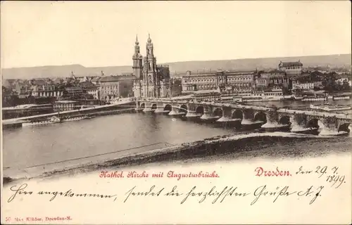 Ak Dresden Altstadt, Kath. Kirche mit Augustusbrücke