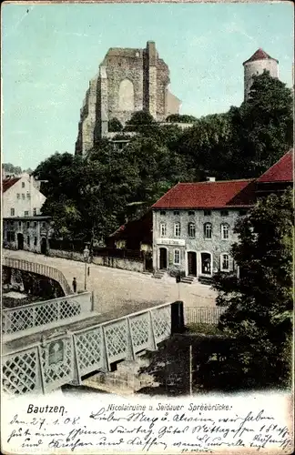 Ak Bautzen in der Oberlausitz, Nikolaiturm, Seidauer Spreebrücke