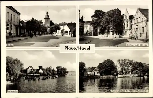 Ak Plaue Brandenburg an der Havel, Kirche, Rathaus, HO Hotel, Fischerhafen, Restaurant Seeblick