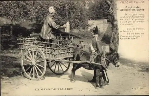 Ak Falaise Calvados, Le Gars de Falaise, Eselkarren, Frau in normannischer Tracht