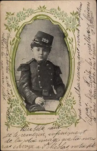 Passepartout Ak Avec Mandat Poete, Junge in französischer Uniform, Regiment 199
