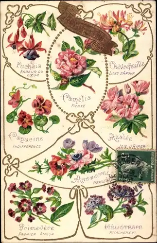 Präge Ak Langage des Fleurs, Blumensprache, Fuchsia, Camelia, Azalée, Capucine, Anemone