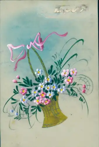 Zelluloid Ak Blumen im Korb, Schleife