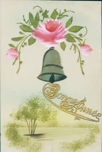 Zelluloid Ak Glückwunsch Neujahr, Glocke, Rose, Bäume, Wiese