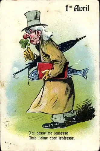 Ak 1. April, Ier Avril, Mann mit Regenschirm und Fisch