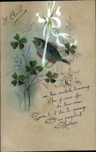 Handgemalt Ak 1. April, Ier Avril, Fisch und Kleeblätter