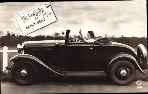 Ak Saint Béat Haute Garonne, Frau in einem Automobil