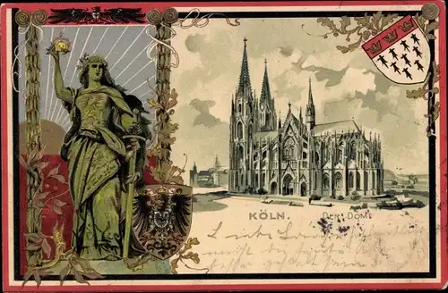 Präge Wappen Litho Köln am Rhein, Dom, Herrscherin, Krone, Schwert