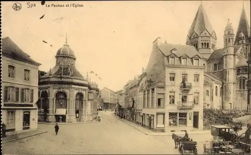 Ak Spa Lüttich, Le Pouhon et l'Eglise, Magasins