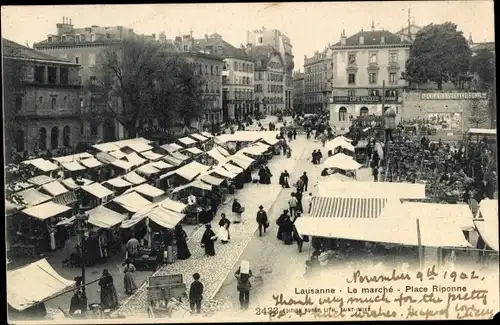 Ak Lausanne Kt. Waadt Schweiz, Le Marché, Place Riponne, Cafe