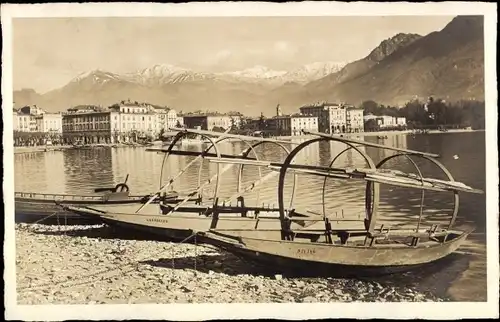 Foto Ak Lugano Kanton Tessin Schweiz, Ortsansicht, Boote am Ufer