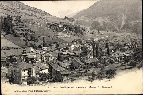 Ak Orsières Kanton Wallis, Vue générale, route du Grand St. Bernard
