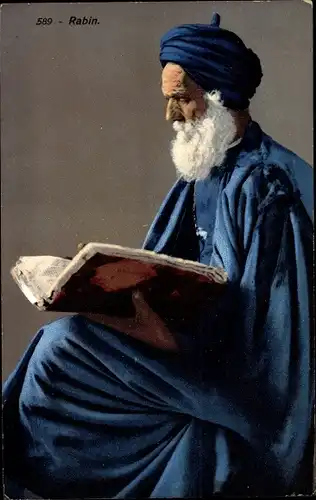 Judaika Ak Rabbi in Tracht liest alte Schrift, Bart