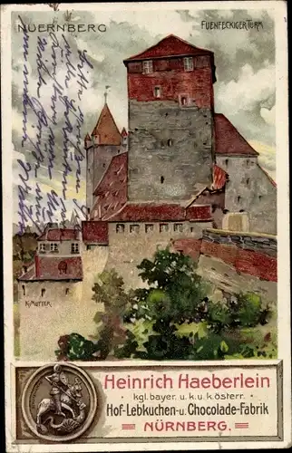 Künstler Ak Nürnberg in Mittelfranken, Fünfeckturm, Heinrich Haeberlein Hof Lebkuchen und Chocolade