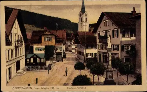 Ak Oberstaufen im schwäbischen Kreis Oberallgäu, Lindauerstraße, Kirche