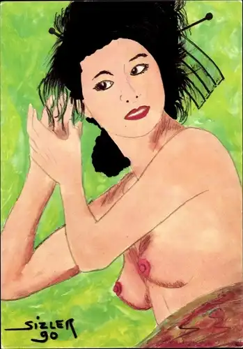 Künstler Ak Sizler, Nackte Frau, Frauenakt, Busen