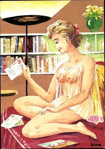 Künstler Ak Blemus, La cartophile, Nackte Frau liest eine Postkarte, Busen