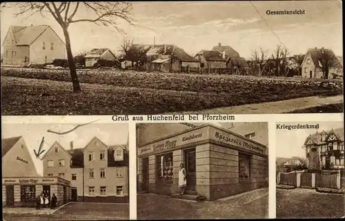 Ak Huchenfeld Pforzheim im Schwarzwald, Spezereienhandlung, Bäckerei, Kriegerdenkmal, Totale